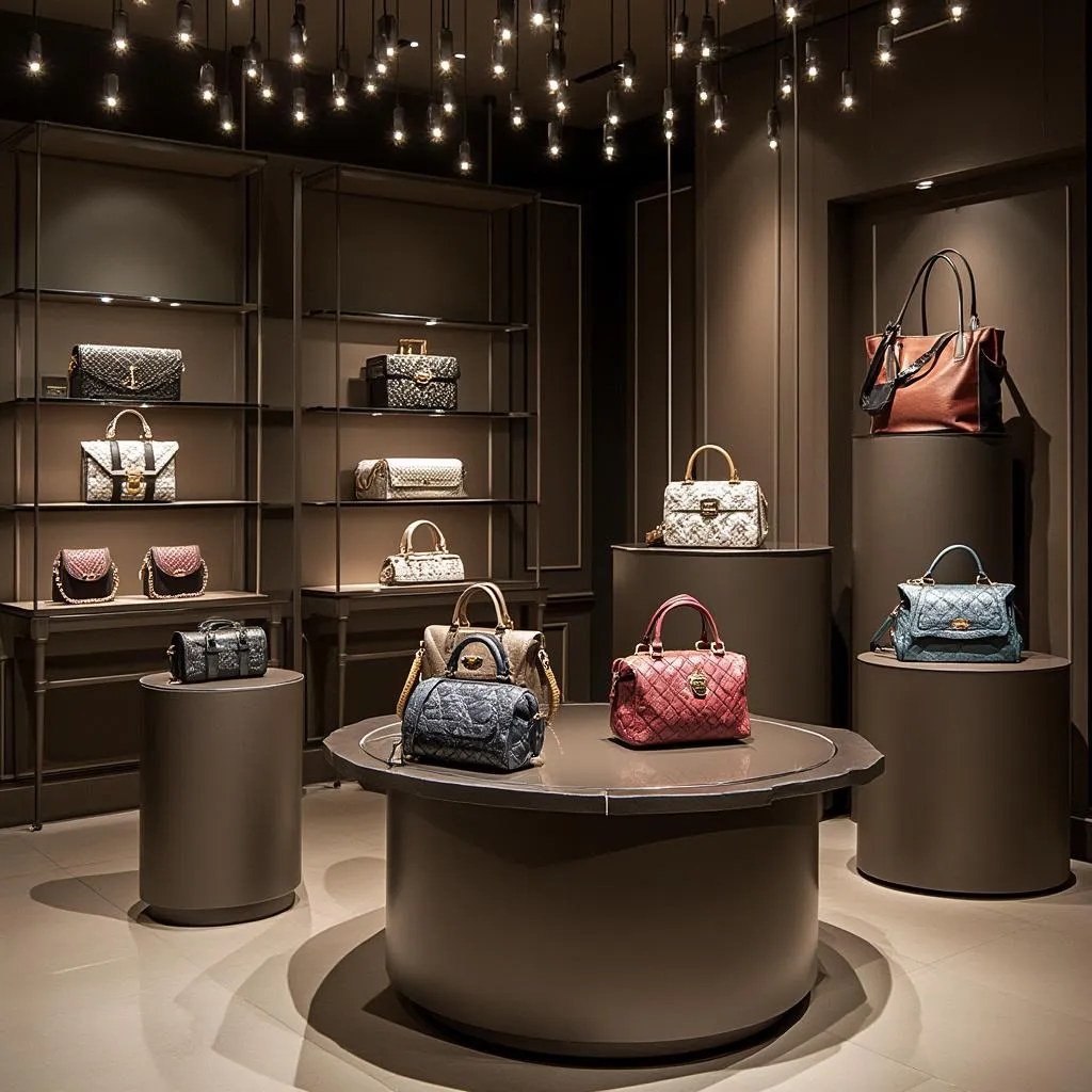 Luxusný showroom s vystavenými taškami